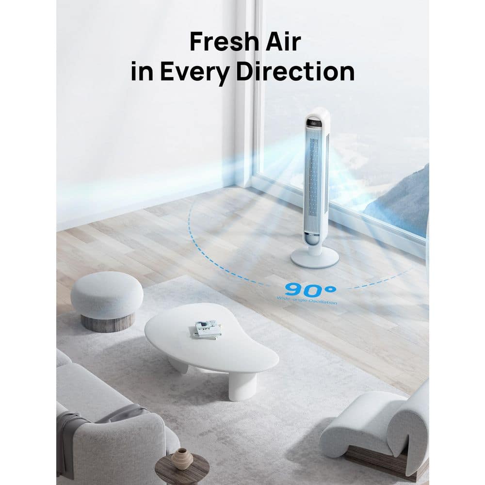 DREO 42 in. Smart Tower Fan with Remote, 6-Speed, 12 H Timer and 90° Oscillation, Wi-Fi Voice Control in White DR-HTF019S-white