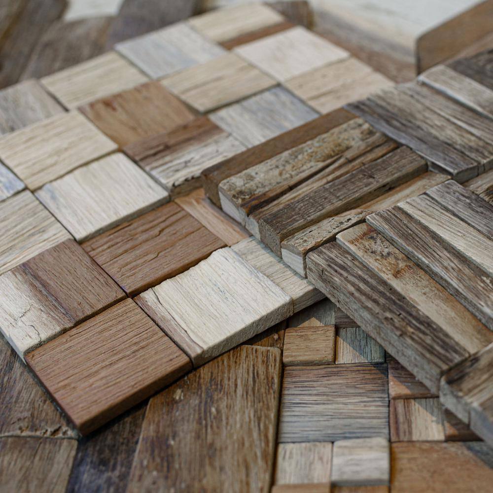 Natural Finish Reclaimed Wood Mosaic Wall Tile, 11-Pack