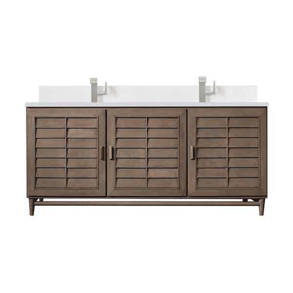 James Martin Vanities Portland 72.0 in. W x 23.5 in. D x 34.3 in. H Double Bathroom Vanity in Whitewashed Walnut with White Zeus Quartz Top
