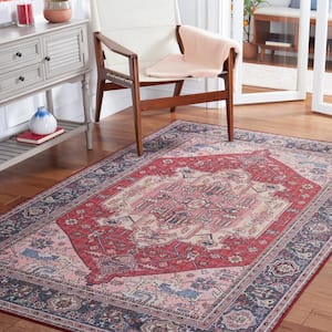 Tuscon Red/Navy 5 ft. x 8 ft. Machine Washable Floral Medallion Border Area Rug