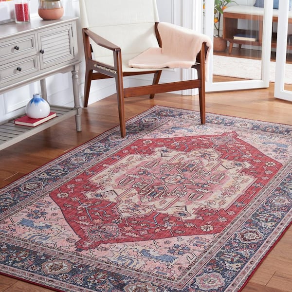 Tuscon Red/Navy 6 ft. x 9 ft. Machine Washable Floral Medallion Border Area Rug