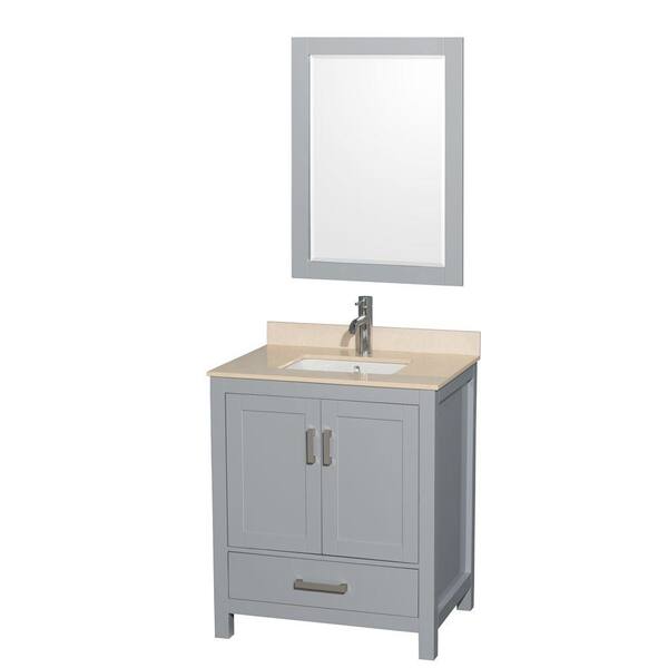 Wyndham Collection Sheffield 30 in. W x 22 in. D Vanity in Gray with Marble Vanity Top in Ivory with White Basin and 24 in. Mirror