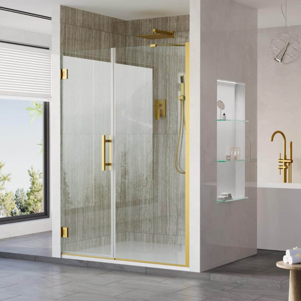 "52-53 in. W x 72 in. H Pivot Hinged Frameless Shower Door in Brushed Gold with 3/8"" SGCC Clear Tempered Glass" price history on PriceWatchPro