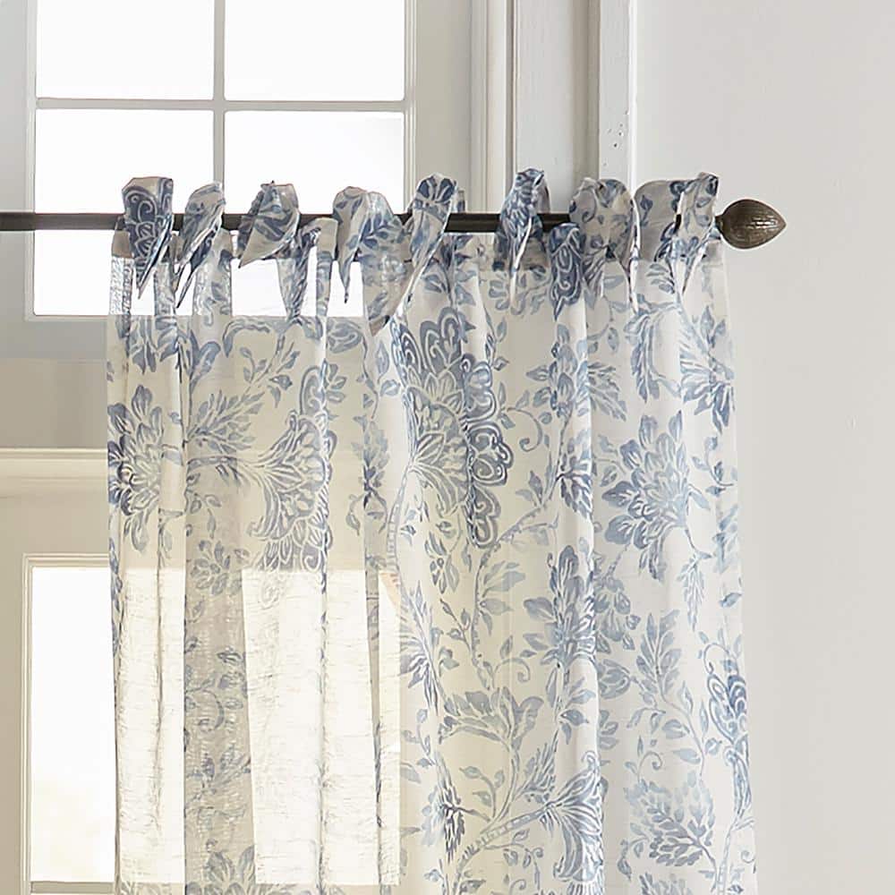 Indigo Floral Sheer Tie-Top Poly-Linen Window Panel, 52" x 84"