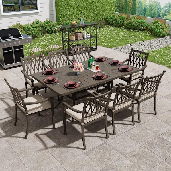 9-Piece Brown Cast Aluminum Patio Outdoor Dining Set with Rectangle Retro Table 8 Dining Chairs with Beige Cushion