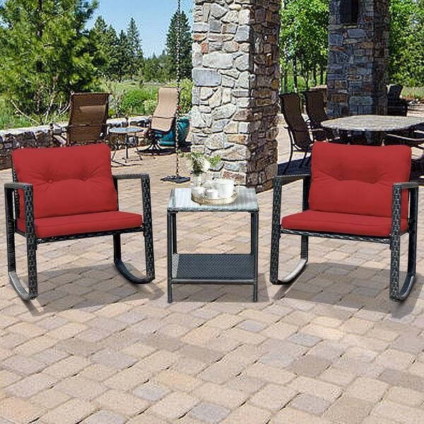 Gymax 3 Pieces Rattan Patio Rocking Chair Table Furniture Set with