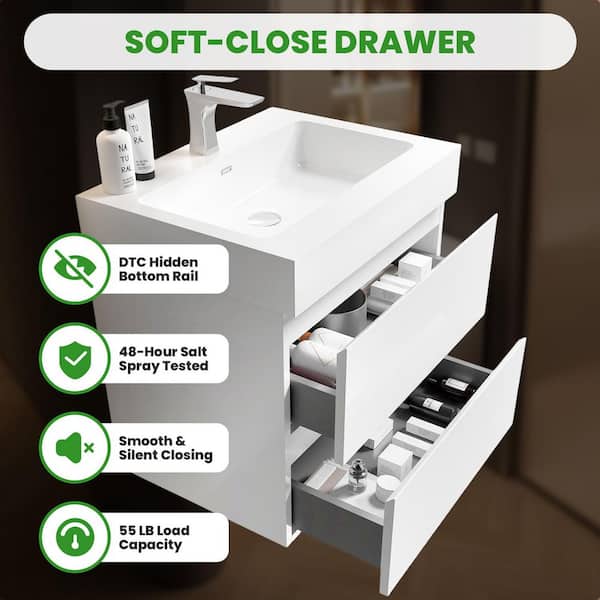 24 in. Wall Mount Modern Single Sink White Bath Vanity with One-Piece White Solid Surface Top Sink Pre-assembled