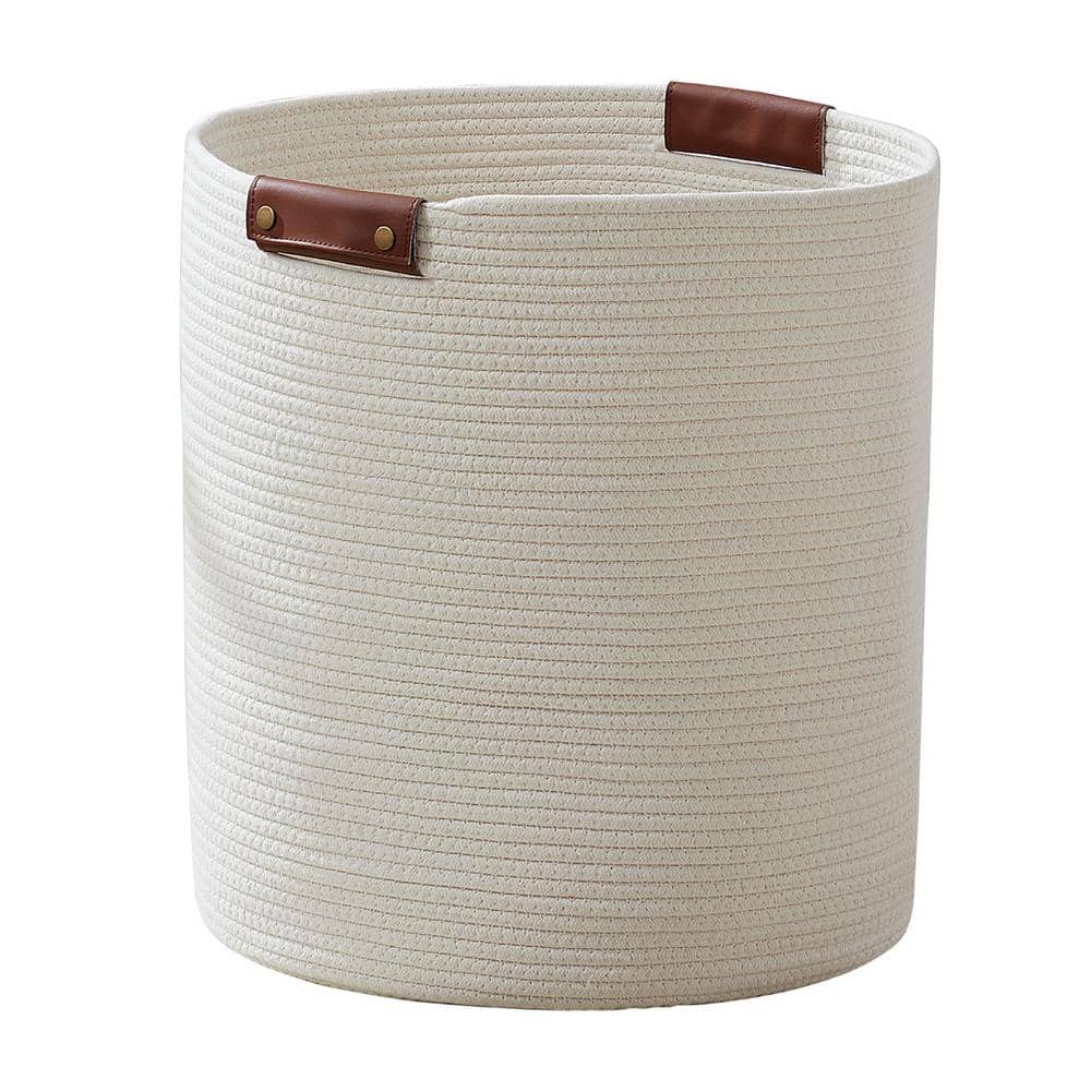 Cream Cotton Rope Laundry Hamper with Leather Handles