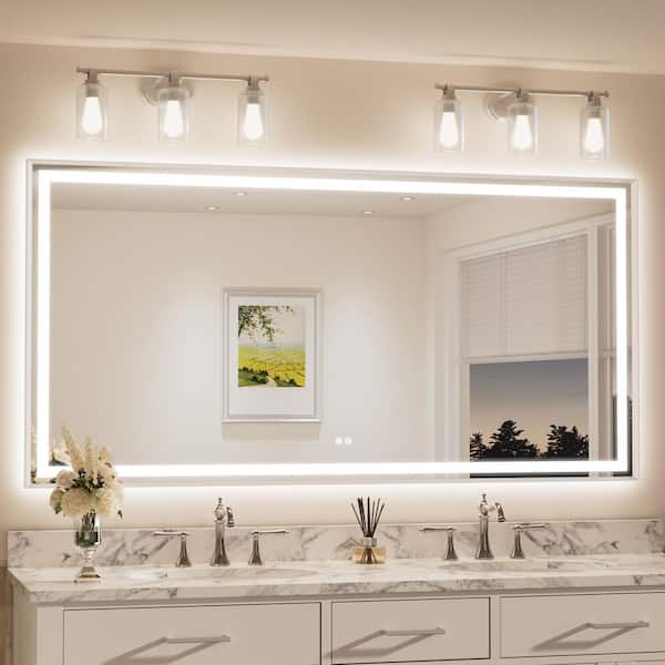 72 in. W x 36 in. H Rectangular Framed LED Anti-Fog Bathroom Vanity Mirror in Brushed Nickel with Dual Lighting