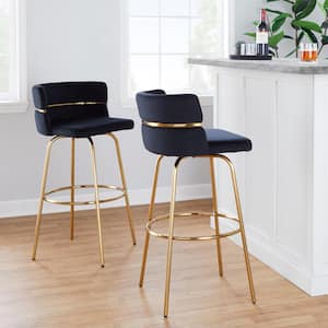 Cinch Claire 29.5 in. Black Velvet and Gold Metal Fixed-Height Bar Stool with Round Footrest (Set of 2)