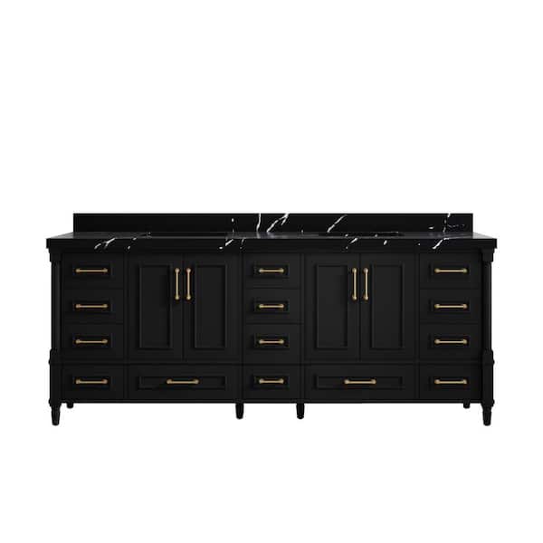 Willow Collections Hudson 84 in. W x 22 in. D x 36 in. H Double Sink Bath Vanity in Black with 2" Calacatta Black Top