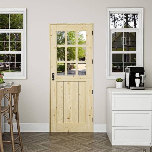 30 in. x 80 in. Solid Pine Universal 9-Lite Clear Glass Unfinished Dutch Wood Prehung Front Door w/Quick Assemble Jamb
