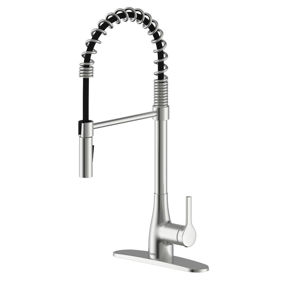 FLOW Classic Series Single-Handle Pull-Down Spring Neck Sprayer Kitchen Faucet in Brushed Nickel