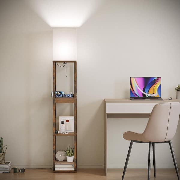 63 in. Brown Floor Lamp with Shelves, Modern Column Standing Floor Lamp with Drawer & 2 USB Ports & 2 Power Outlet