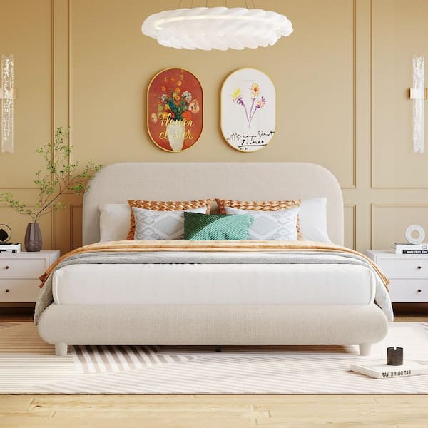 Beige Wood Frame Queen Upholstered Platform Bed with Thick Fabric, Solid Frame and Stylish Curve-Shaped Design