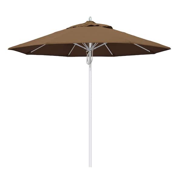 California Umbrella 9 ft. Silver Aluminum Commercial Fiberglass Ribs Market Patio Umbrella and Pulley Lift in Teak Sunbrella