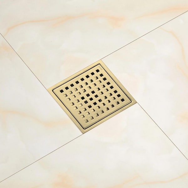 6 in. Square Stainless Steel Grid Shower Floor Drain with Flange in Brushed Gold