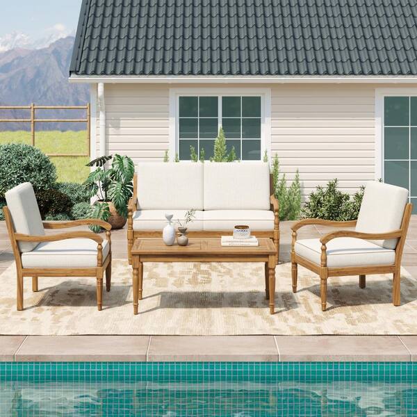 Tenleaf 4-Piece Wood Patio Conversation Set with Beige Cushions ...