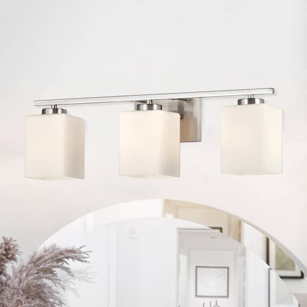 Edvivi 3-Light 22 in. Brushed Nickel Indoor Bathroom Vanity Lights with Etched White Glass Square Rectangle Shades