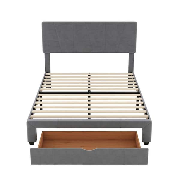Donason Gray Wood Frame Full Size Platform Bed with One Drawer and Adjustable Headboard