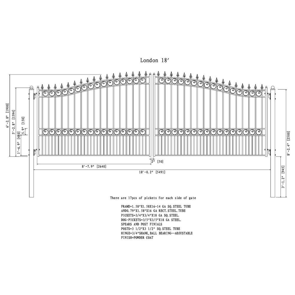 London Style Black Steel Dual Swing Driveway Gate 18 x 6 Feet