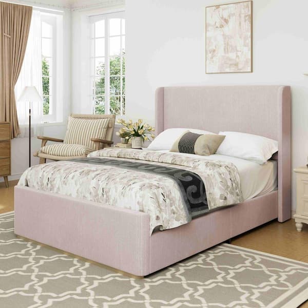 Polibi Pink Wood Frame Queen Platform Bed with Vertical Stripe Wingback Headboard and High Footboard