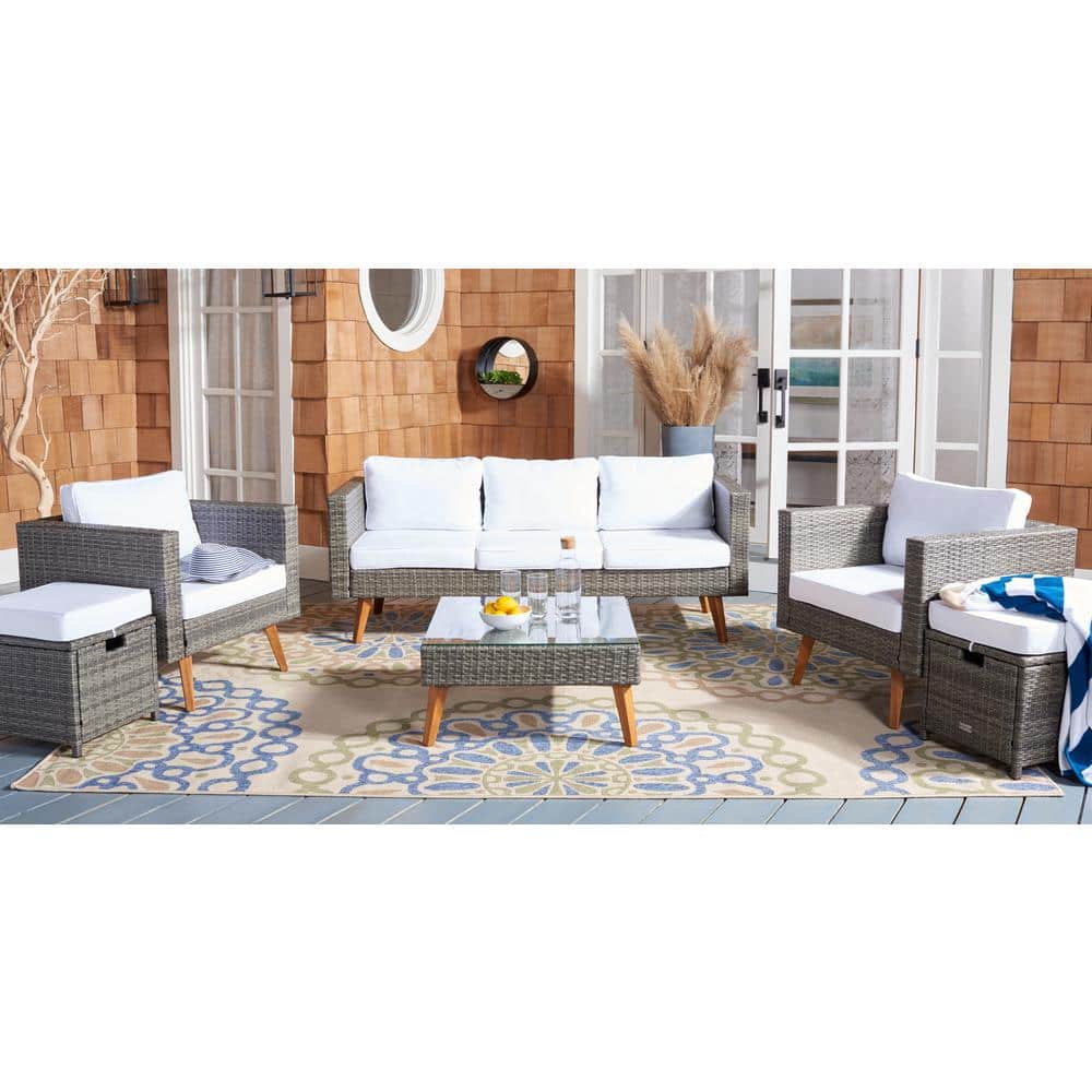 Presla 6-Piece Gray Brown Wicker Patio Set with White Cushions