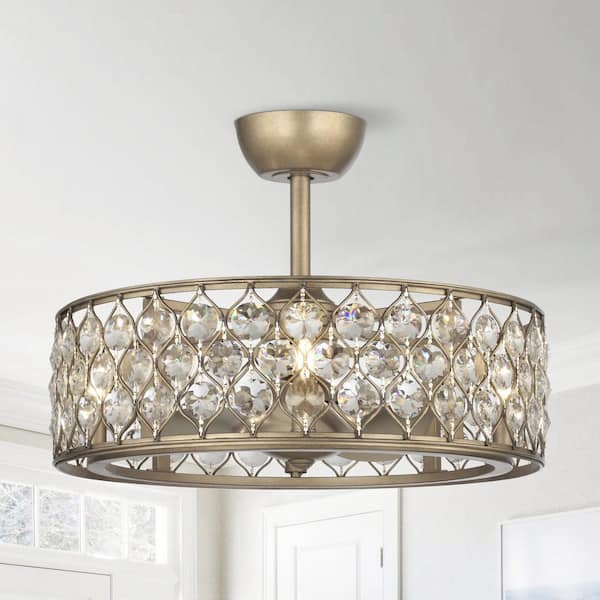 25.2 in. Indoor Antique Silver Downrod Mount Crystal Ceiling Fan Chandelier with Light Kit and Remote Control