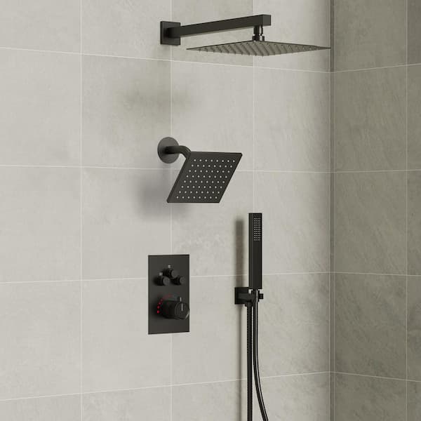 6 in. and 7-Spray 12 in. Thermostatic Wall Bar Shower Systems with Handheld 2.5 GPM in Matte Black(Valve Included)