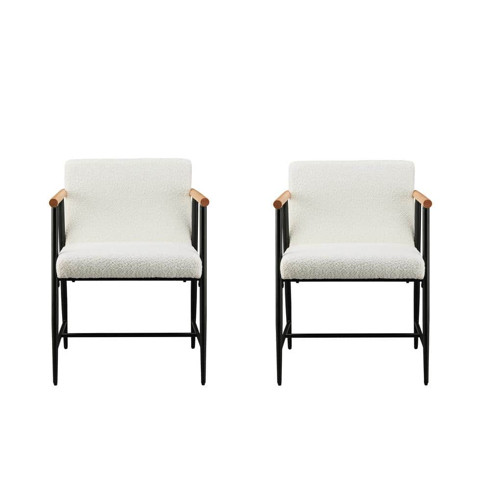 Modern Beige Upholstered Arm Chairs with Black Metal Frame, Set of 2