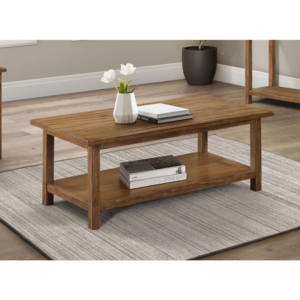 Payne 47.25 in. Distressed Brown Rectangle Wood Top Coffee Table with Open Shelf