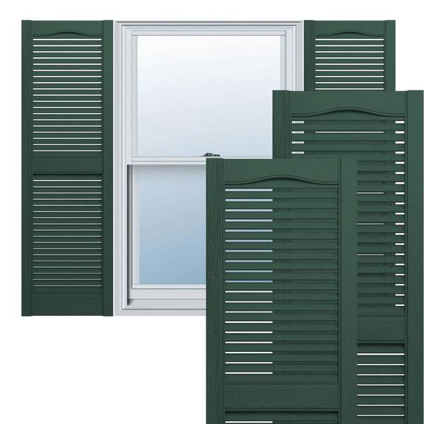 Ekena Millwork 14-1/2 in. x 68 in. Lifetime Vinyl TailorMade Cathedral Top Center Mullion Open Louvered Shutters Pair Midnight Green