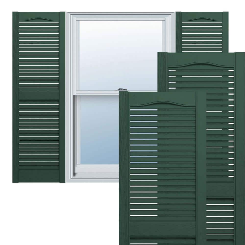 Ekena Millwork 12 in. x 64 in. Lifetime Vinyl Standard Cathedral Top Center Mullion Open Louvered Shutters Pair Midnight Green