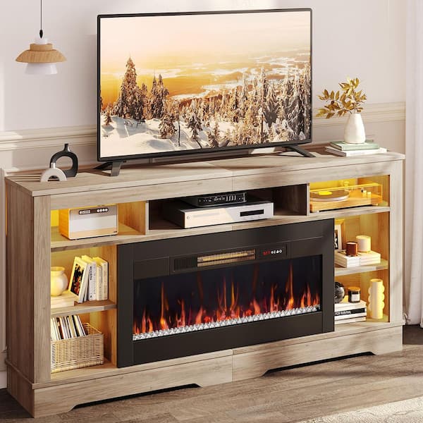 71 in. Wash Gray Freestanding Electric Fireplace TV Stand Fits TV Up to 75 in. Entertainment Center with Cabinet