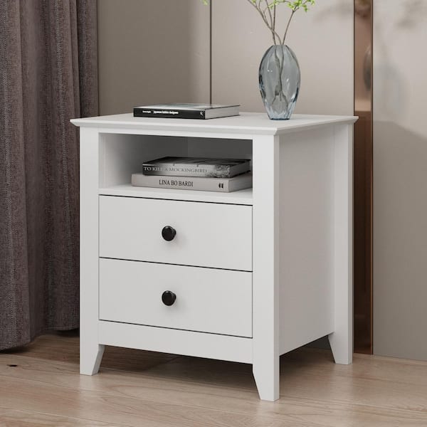 FUFU&GAGA White Rectangular Wooden End Table, Nightstand with 2 Drawers, 19.7 L x 15.7 in. W x 21.7 in. H