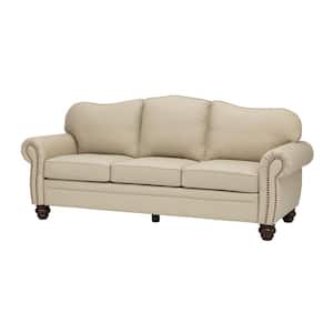 Macimo 81 in. Rolled Arm Genuine Leather Rectangle Transitional 3-Seater Sofa in Beige