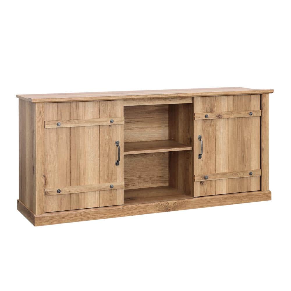 Timber Oak Farmhouse TV Stand with Sliding Barn Doors for 70" TVs