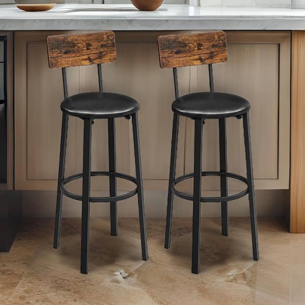 Benjara 29.7 in. Black and Brown Low Back Metal Frame Bar Stool with Faux Leather Seat (Set of 2)
