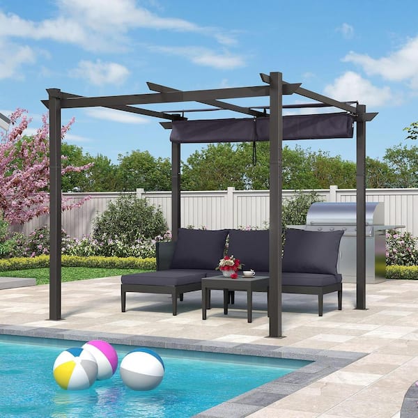 PURPLE LEAF 10 ft. x 10 ft. Navy Blue Aluminum Outdoor Retractable Gray Frame Pergola with Sun Shade Canopy Cover