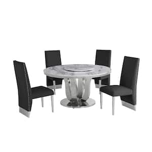 Gina 6-Piece Marble Top With Lazy Susan Stainless Steel Base Table Set With 4 Black Velvet, Nail Head Trim Chairs