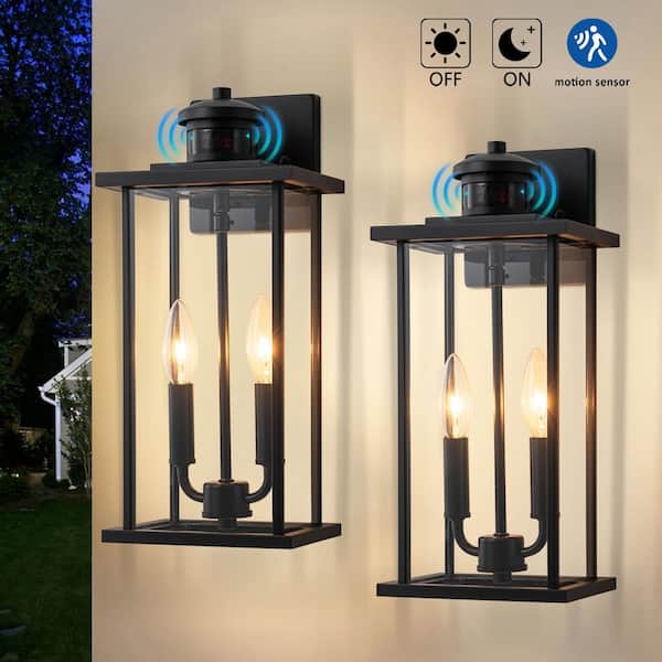 15.25 in. Matte Black Motion Sensing Dusk to Dawn Outdoor Hardwired Wall Lantern Sconce with No Bulbs Included (2-Pack)