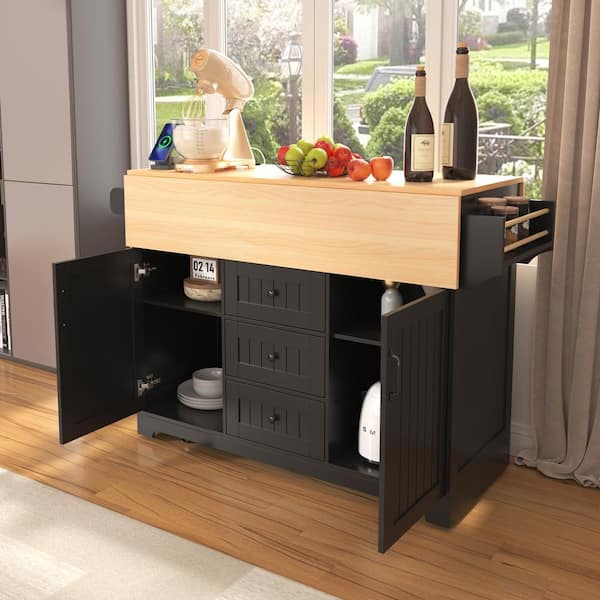 Black Wood Top 55.8 in. Kitchen Island with 2 Drop Leaf and Adjustable Shelves