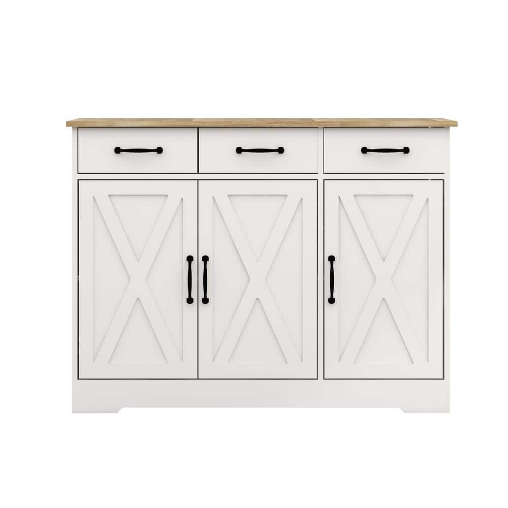 White MDF 42.7 in. 3-Door Kitchen Sideboard Buffet Cabinet Farmhouse Storag