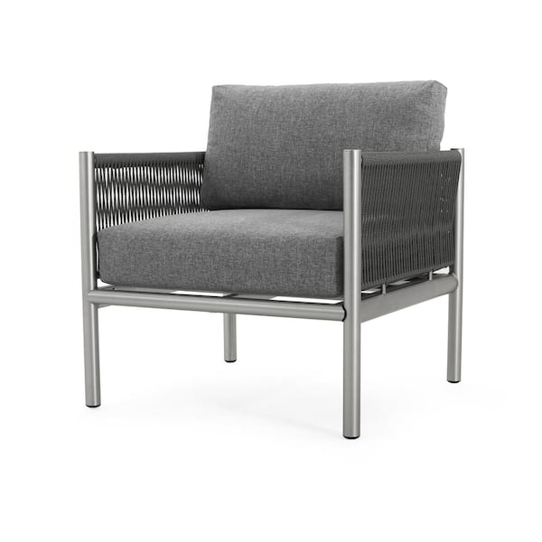 Noble House Patio Silver Aluminum Frame Outdoor Lounge Chair with Dark Grey Cushions