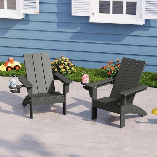 Children's Shoreside Outdoor Patio Set of 2 All Weather Kids Poly Plastic Gray Adirondack Chairs w/ Cup Holders