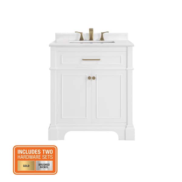 Melpark 30 in. Single Sink White Bath Vanity with White Engineered Marble Top (Assembled)