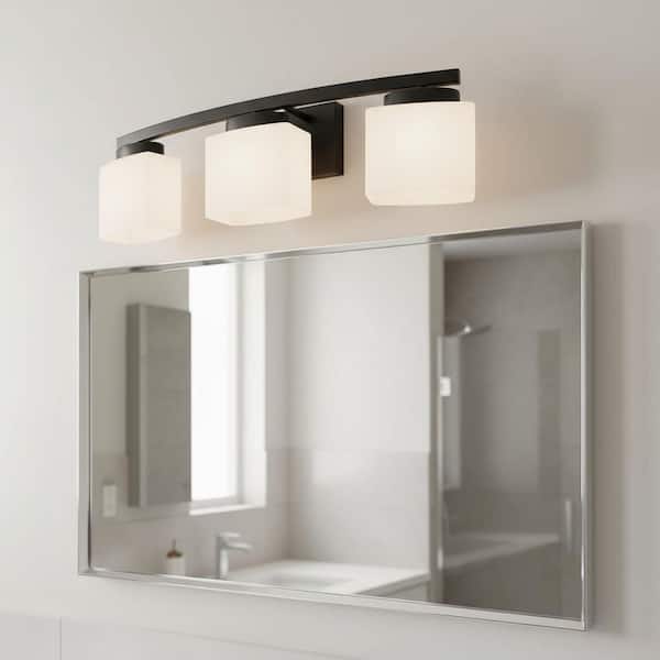 24 in. 3 Light Matte Black Modern Industrial Square Vanity Light for Bathroom with Curved Arms and Milk White Shades