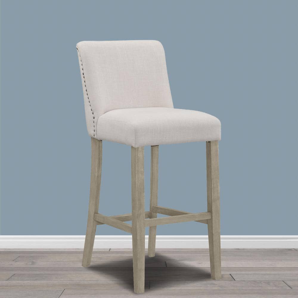 Beige Fabric Bar Stools with Nail Head Accents, Set of 2