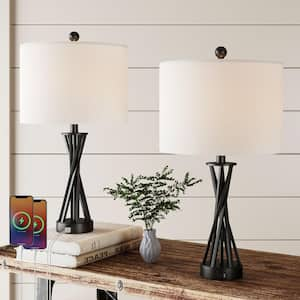 Cincinati 24 in. Black Metal Table Lamp with White Linen Lampshade/USB/Type-C Ports (2-Pack)