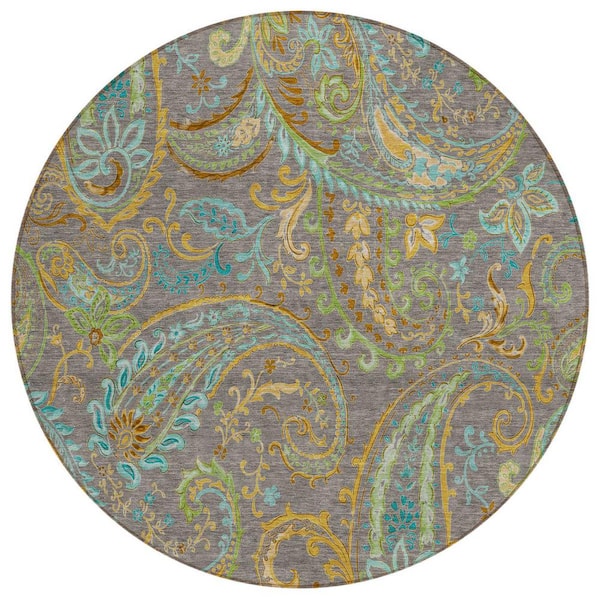 Taupe 8 ft. Round Woven Paisley Polyester Round Indoor/Outdoor Area Rug